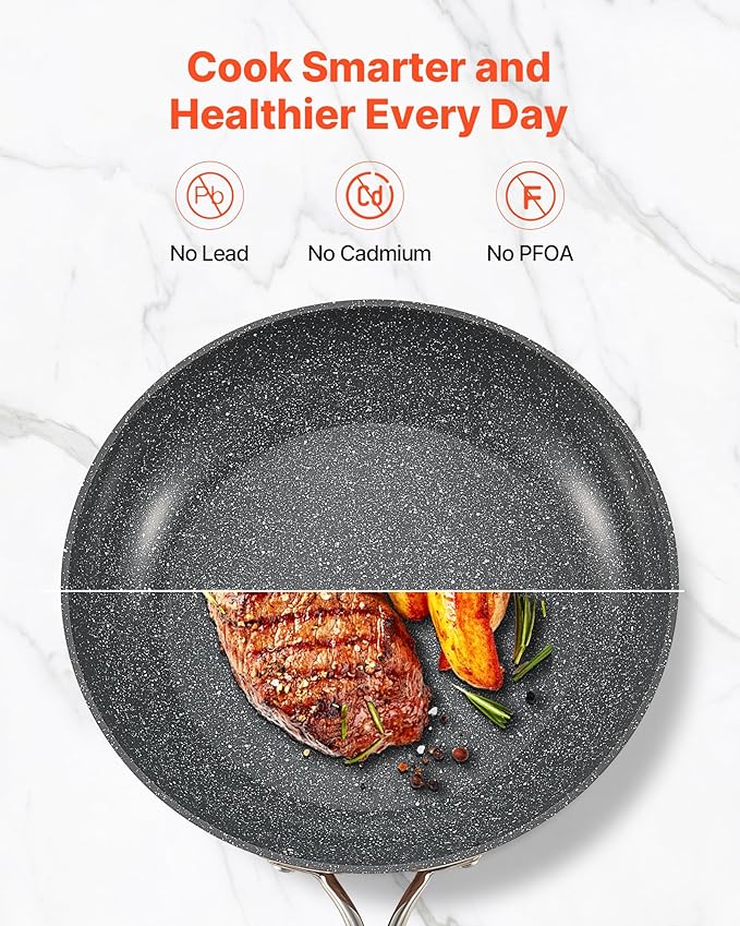 VEVOR Frying Pan Skillet, 3 Piece (8, 10, 12 in), Nonsitck Ceramic Heavy-Duty Skillets with Heat-Resistant Handle, Chef's Cookware, for Oven, Gas, Electric, Induction, Grey