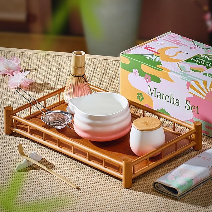 Matcha Whisk Set, Pink Matcha Kit, 8 Pcs Matcha Set Includes Matcha Bowl with Spout, Matcha Whisk and Holder, Ceramic Tea Caddy, Bamboo Scoop, Scoop Rest, Sifter and Tea Towel, Gift for Tea Lover