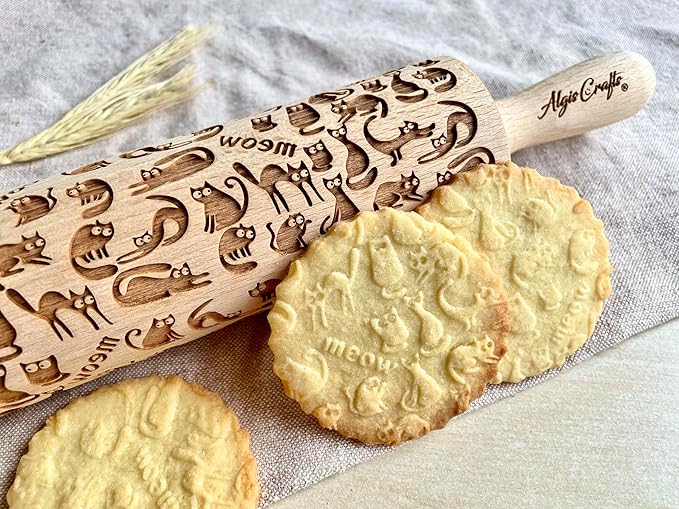 Embossing rolling pin Meow CATS. Wooden embossing rolling pin with cats. Wooden rolling pin for embossed cookies. Kitty