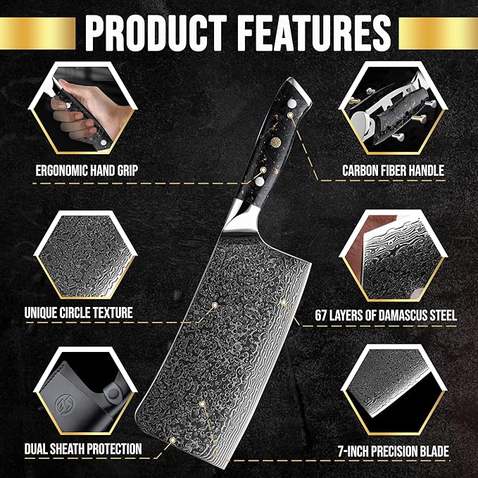 SliceElite Elite Series 7-Inch Damascus Bone Cutting Knife – VG10 Steel Blade with Forged Carbon Fiber Handle Infused with Gold Leaf, Sheaths Option (Bone Cutting Knife with Leather Sheath)