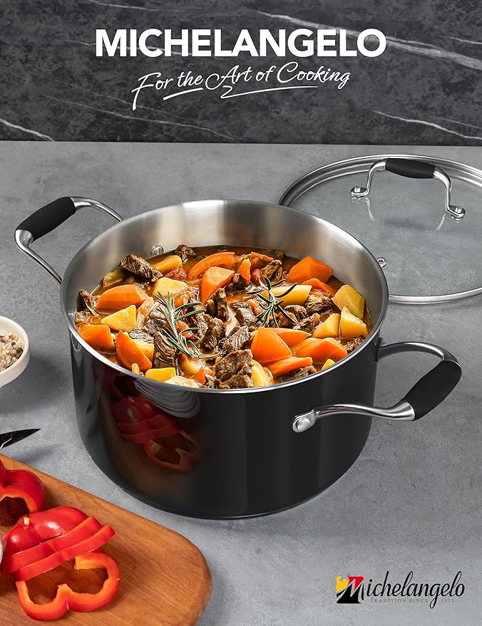 MICHELANGELO Stainless Steel Cooking Pot - 6 Quart Soup Pot with Lid, Non-Toxic Stockpot Induction Compatible, Oven & Dishwasher Safe, Black Exterior