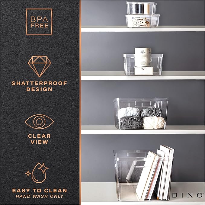 BINO Plastic Storage Containers, Small - 4 Pack THE LUCID COLLECTION, Multi-Use Organizer Bins Built-In Handles BPA-Free Clear, Fridge, Pantry & Home Organization