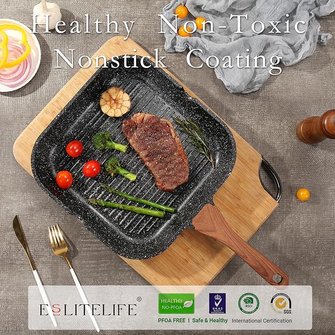 ESLITE LIFE 11 Inch Nonstick Grill Pan with Lid for Indoor Cooking, Versatile Induction Square Large Grilling Skillet Steak Pan for Stove Tops, PTFE & PFOA Free, Black
