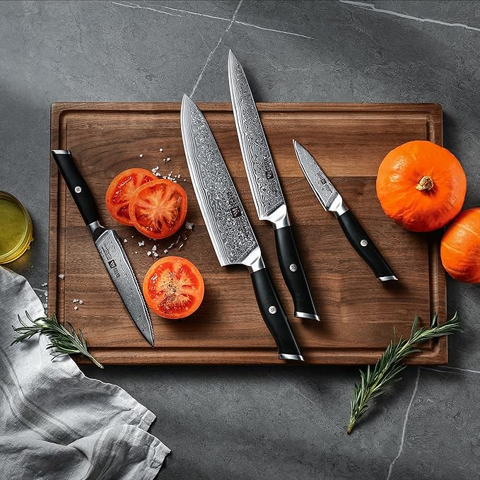 Klaus Meyer 5 Piece Damascus Knife Block Set, 67-Layer High Carbon Damascus Steel, Ultra-Sharp Kitchen Knife Set with Magnetic Wooden Block