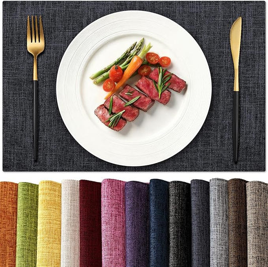 KXN Placemats Set of 6, Dual-Layer Thickened Faux Linen Table Mats, Heat Resistant & Wrinkle-Free, Machine Washable Cloth Place Mats for Kitchen Dining Indoor Outdoor (Dark Grey)