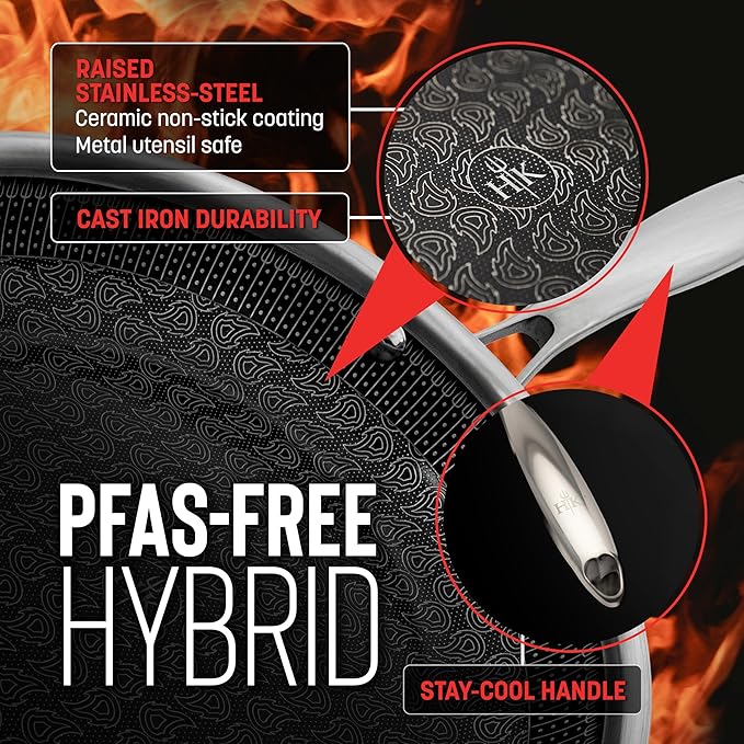 Hell's Kitchen Hybrid 11" Frying Pan, Tri-Clad Stainless Steel and Nonstick Ceramic PFAS Free, no PFOA, no PTFE, no Teflon, Non Toxic Cookware, Metal Utensil Safe, All Cooktops, Oven Safe