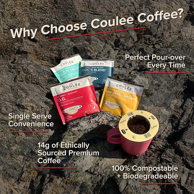 Coulée EcoPour Coffee Variety Pack, Single Serve Coffee, Use for Camping or Traveling, Pre Filled Compostable Filters, Ready to Brew with Hot Water, Includes 4 Flavors, 20 Pack