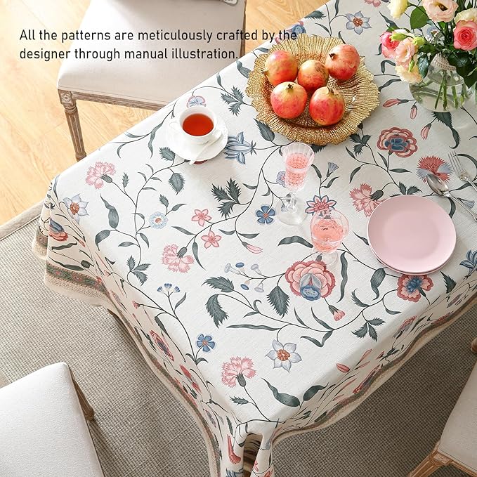 ISAENNE Designer Chinoiserie Linen Floral Extra Long Tablecloth Rectangle,White Wrinkle Resistant Table Cloth,Elegant Decor Tablecloths for Dining Thanksgiving Kitchen Party,63"*110"-Daffy