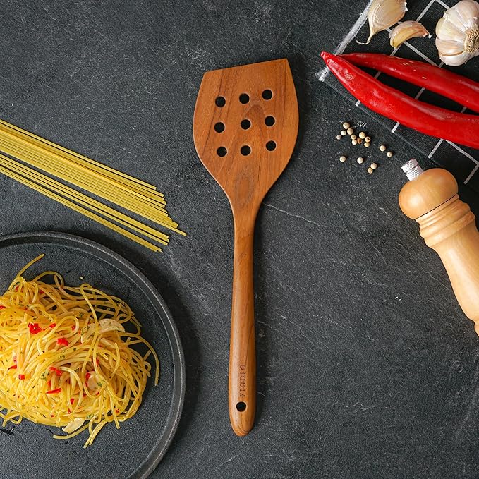 Teak Wooden Spatula for Cooking – Natural Non-Stick, Handcrafted Kitchen Utensils with Round Slotted Turner, Comfort Grip & Microfiber Cloth