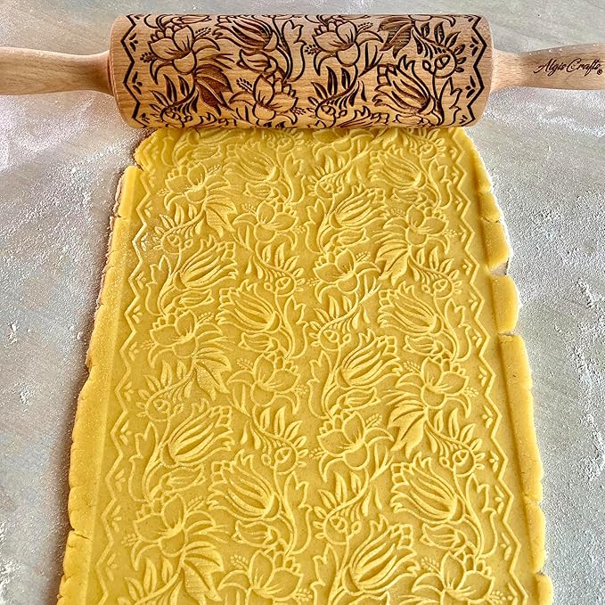 Embossing Rolling Pin BLOOMY with Floral Pattern – Dough and Clay Roller for Embossed Cookies and Pottery - Cookie and Ceramic Stamp - Baking Gifts for Women by Algis Crafts