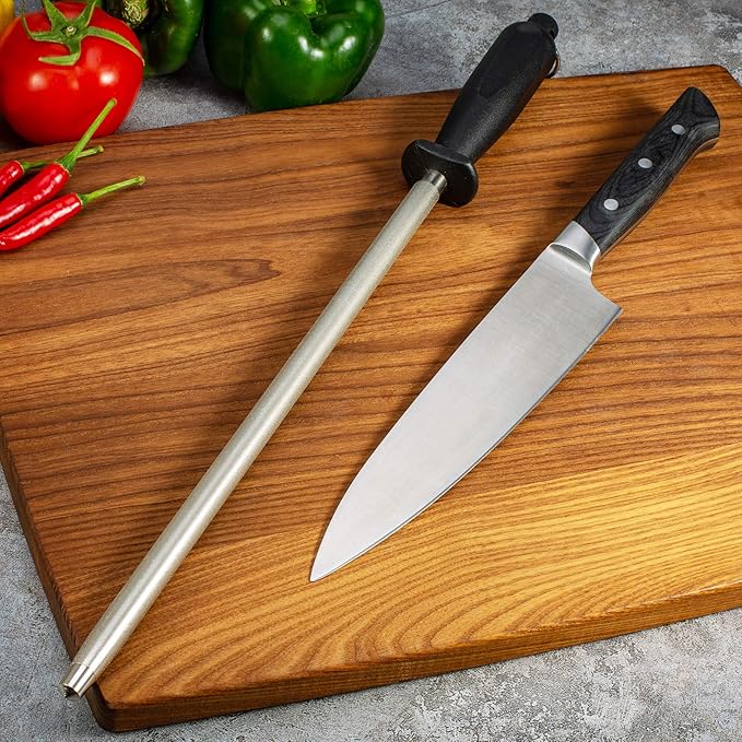 12" Knife Sharpening Steel, Professional Diamond & Steel Honing Rod, Black Brushed Finish, for Kitchen & Chef Knives
