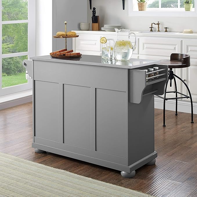 Crosley Furniture Alexandria Stainless Steel Top Rolling Kitchen Island Storage Cart, Microwave Stand, Gray