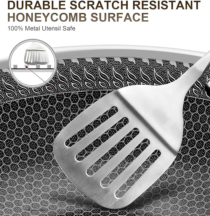 MICHELANGELO Stainless Steel Frying Pan Set with Lids, 8 & 10 Inch Frying Pans Nonstick, Stainless Steel Fry Pan Set, Honeycomb Pans for Cooking, Skillet with Lid - Induction Compatible
