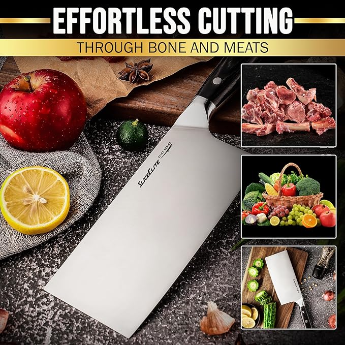 SliceElite Slice Series 7 Inch Cleaver Knife High Carbon German Steel Blade Pakkawood Handle Dual Sheath Sharp Butcher Knife Kitchen Chopper Bone Cutter Meat Slicer Vegetable Knife BBQ Butcher Cleaver