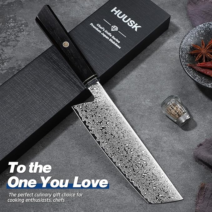 Huusk Damascus Nakiri Knife 7 Inch, Japanese Chopping Chef Knives, Razor Sharp Cleaver and Vegetable Knife with Ergonomic Wood Handle, Damascus VG-10 Kitchen Knife, Birthday Cooking Gifts for Men