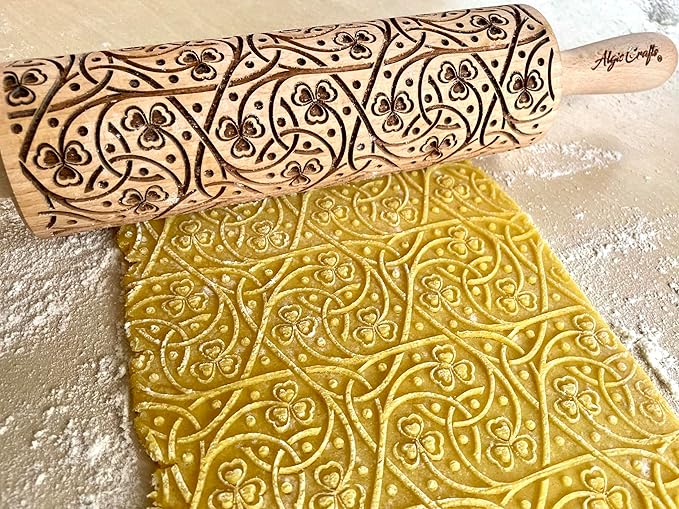 IRISH CLOVER KNOT Embossing Rolling Pin. Dough Roller with Shamrock Pattern for Homemade Cookies and Pottery by Algis Crafts