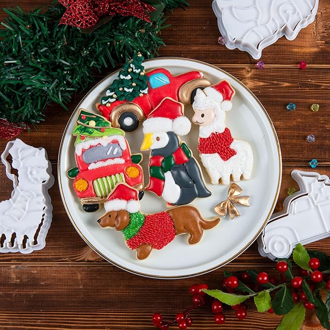 Flycalf Christmas Cookie Cutters Dachshund Shapes with 3D Stamper Fall Holiday PLA Baking Accessories Cutter Molds Gifts for Kids Decorative Party 3" Kitchen Cake Supplies