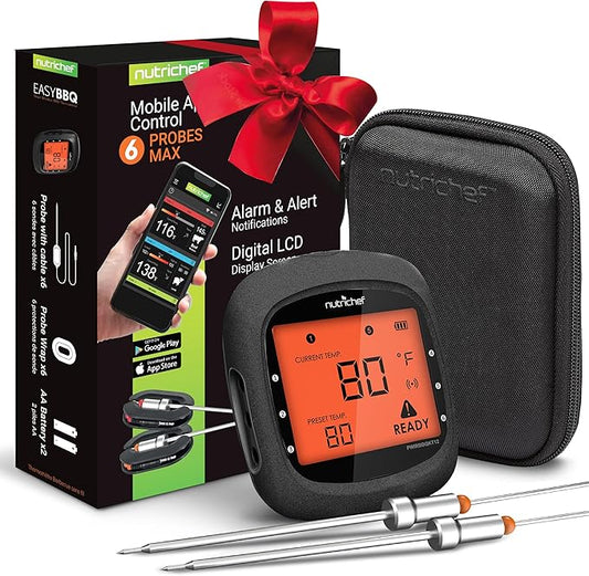 NutriChef Smart Bluetooth BBQ Thermometer with Travel Zip Case, Upgraded Stainless w/ 2 Temperature Probes, LCD Display, Done Alarm Android iPhone, Gas Charcoal BBQ Smoker Temp Monitoring