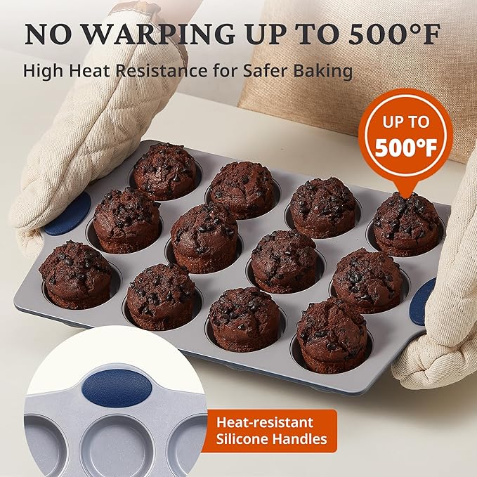 BRONYPRO Ceramic Muffin Pan,12-Cup Nonstick Aluminized Steel Cupcake Pans, Healthy Non-Toxic Ceramic Coating Muffin Tin, 1 Pack Cup Cake Pans for Baking Blue