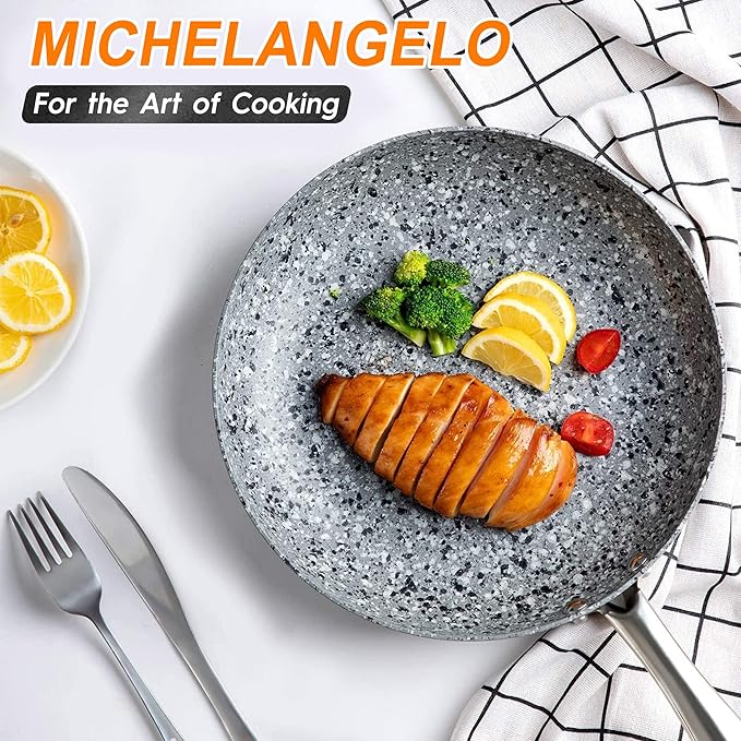 MICHELANGELO 11 Inch Stone-Derived Nonstick Frying Pan with Lid, Aluminum