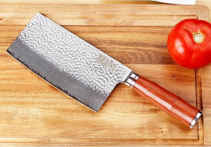 SUNLONG Meat Cleavers 7 inch Damascus Vegetable Cleaver Japanese Hammered Damascus Steel Bloodwood Handle