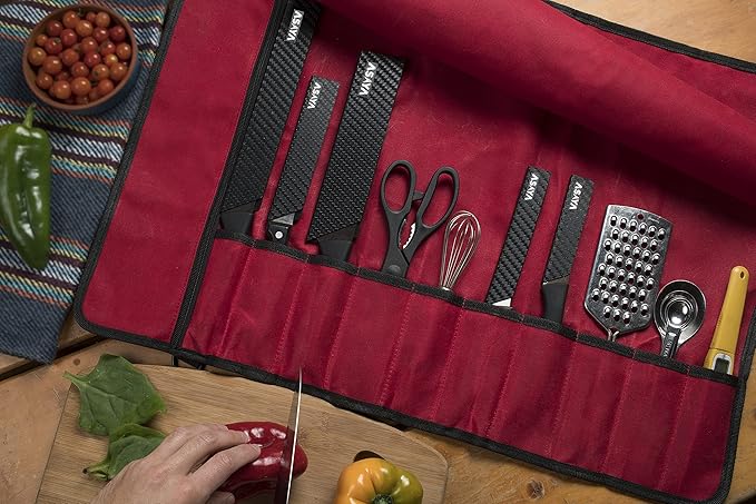 Asaya Canvas Chef Knife Roll Bag - 10 Knife Slots and a Large Zipper Pocket - Durable 10oz Canvas Knife Case with an Adjustable Shoulder Strap - Knives not Included (Red)