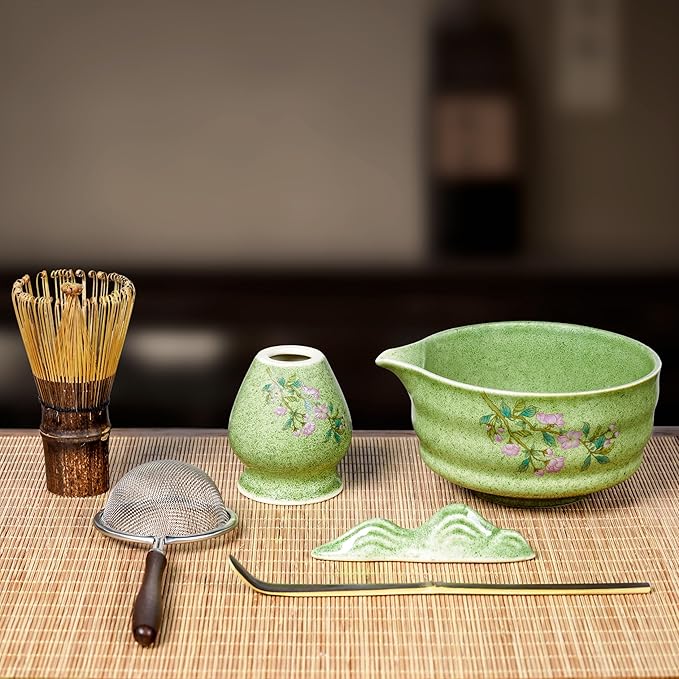 Matcha Whisk Set, 7-Piece Japanese Matcha Kit with Floral Ceramic Bowl & Holder, Natural Bamboo Matcha Whisk, Scoop, Large Bamboo Mat, Wooden Handle Sifter –Elegant Tea Ceremony Gift for Matcha Lovers