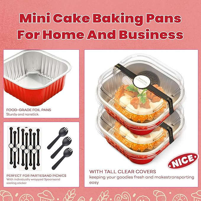 50 Pcs Mini Square Baking Cups with Lids and Spoons Aluminum Foil Mini Cake Pans with Lids Disposable Ramekins Cake Pans Dessert Cups for Wedding Birthday Party(Red,10oz)