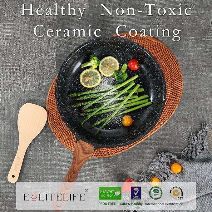 ESLITE LIFE Nonstick Ceramic Frying Pans Skillets Set with Lids, Non-Toxic Egg Omelette Kitchen Cooking Pans Compatible with All Stovetops (Gas, Electric & Induction), PTFE & PFOA Free (Black)
