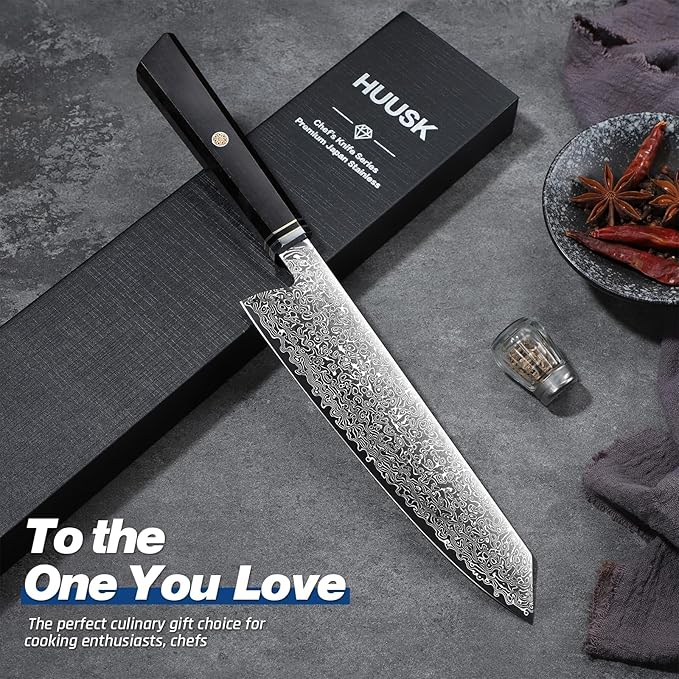 Huusk Damascus Kiritsuke Knife 8 inch - Japanese Knives with Wooden Handle, Hand Forged Chef Knives for Home Use, Razor Sharp Cooking Knife, Birthday Gift for Men