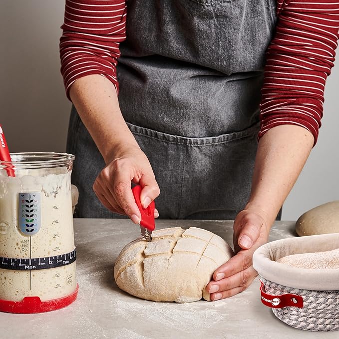 KneadAce Sourdough Starter Kit (PRO 34oz Jar, 2xOval baskets, Red Bread Lame)