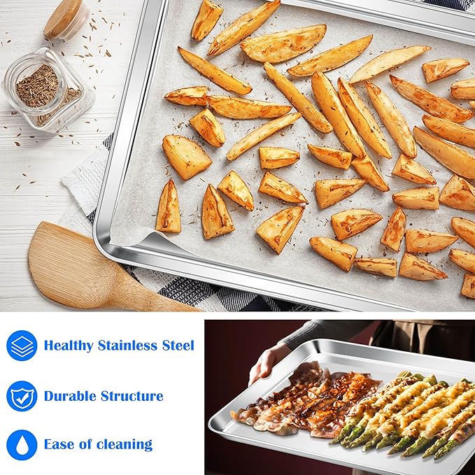 E-far Large Baking Sheets Set of 4, 20”x14” Stainless Steel Cookie Sheet Pans for Oven, Non Toxic Big Metal Baking Tray for Cake Cookies, Healthy & Rust Free, Mirror Finish & Dishwasher Safe