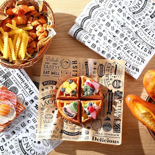 600 Pcs 12 x 12 Inch Deli Wax Paper Sheets Grease Resistant Tray Basket Liners Newsprint Paper Water and Grease Proof Sandwich Wrapping Square Hot Dog Wrappers for Food Baking (Brown,White)