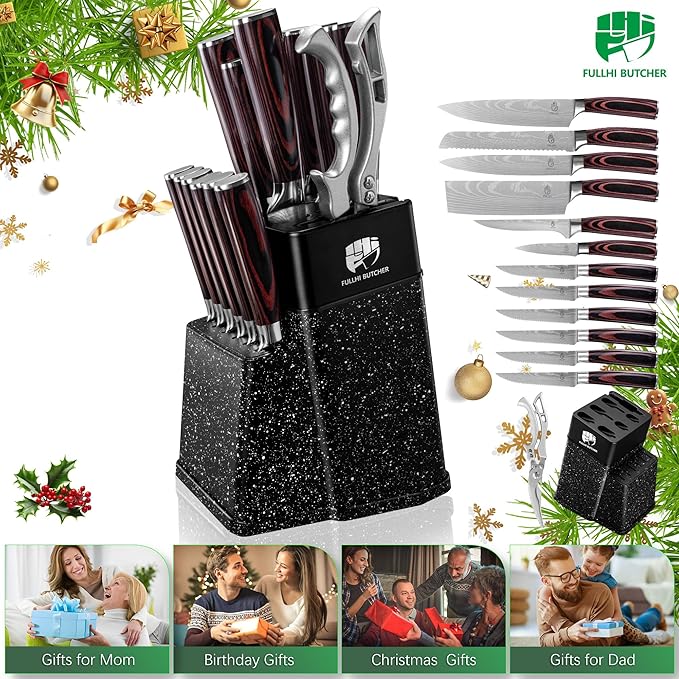 FULLHI 14pcs Block Knife Set, Chef's Knife Steak Knives Set with Block and Sharpener, Kitchen Knife Set, Multi-colour Handle, Gifts for Men Women