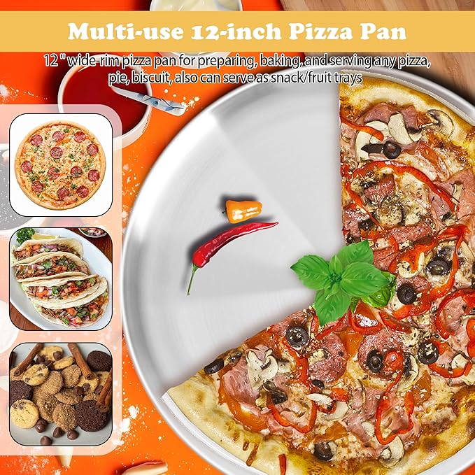 12 Inch Pizza Pan Set of 3 for Oven, Non-Stick Stainless Steel Pizza Steel, Sturdy Non-Toxic Round Pizza Pans Tray for Cookie Pizza Pie Cake, Dishwasher Safe & Easy Clean
