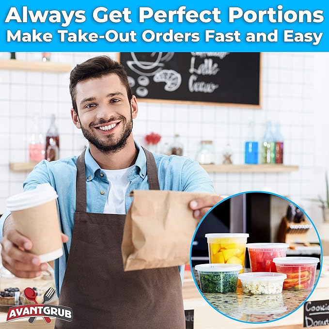Deli-Grade BPA-Free 8oz Plastic Containers with Lids 24ct. Leakproof Microwavable Portion Container for To-Go Orders, Food Prep and Storage. Reusable Takeout Cups for Restaurant, Cafe and Catering.