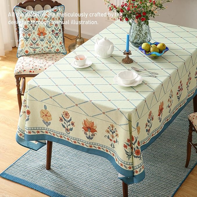 ISAENNE Designer Linen Floral Long Rectangle Tablecloth,Light Green Farmhouse Durable Table Cloth,Washable Decor Tablecloths for Dining Kitchen Thanksgiving Christmas,63"*94"-Floralsea B
