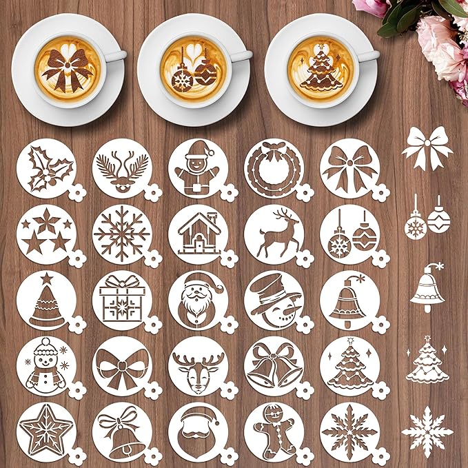 Christmas Coffee Cookie Stencils - 25 Pcs Reusable Small Latte Art Coffee Cookie Bread Baking Template Stencils, Snowman Holy Wreath Bow Gingerbread Template