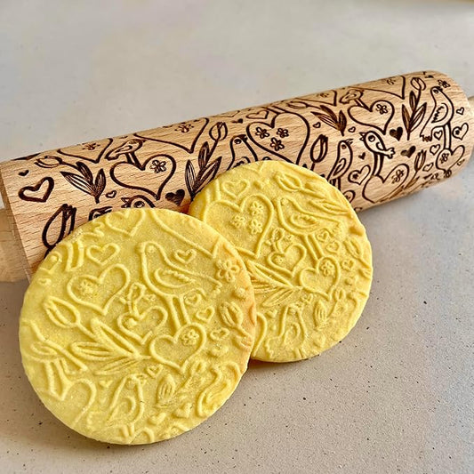 LOVE BIRDS Embossing Rolling Pin – Laser Engraved Dough Roller with hearts and birds pattern. Great for cookies, clay crafts, and a charming gift. By Algis Crafts