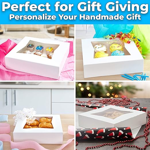 Gourmet 10in White Bakery Boxes 5 Pk. Cute Window Displays for Pies, Cakes, Cupcakes, Pastries. Transport Baked Goods with Sturdy, Easy-to Use Carriers. Give Sweet Holiday Gifts at Work or School