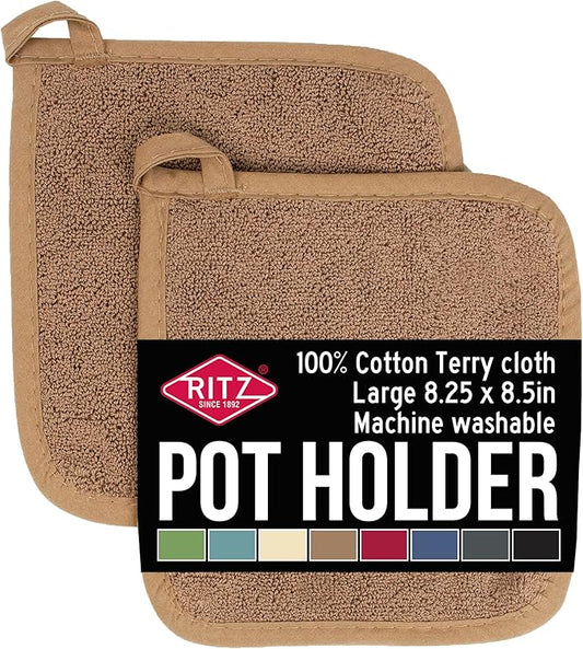 RITZ Terry Potholder & Hot Pad: Unparalleled Heat Resistant, Durable 100% Cotton – Ergonomically Designed for Optimal Grip – Easy-Care Machine Washable – 2-Pack, Mocha
