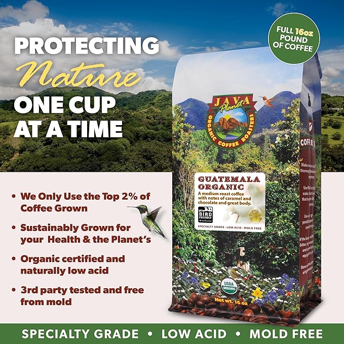 Low Acid Organic Coffee – Whole Bean, Mold-Free & Stomach Friendly by Java Planet, Guatemalan Single Origin Coffee, Medium Roast, Smooth Full Flavored, 5LB Bag