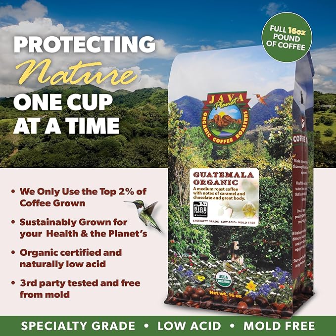 Low Acid Organic Coffee – Whole Bean, Mold-Free & Stomach Friendly by Java Planet, Guatemalan Single Origin Coffee, Medium Roast, Smooth Full Flavored, Smithsonian Bird Friendly, 1LB Bag