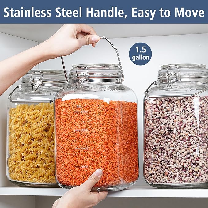 1.5 Gallon Glass Jar with Airtight Lid, Square Wide Mouth Mason Jars with Stainless Steel Handle, Large Glass Storage Containers for Canning, Flour, Sugar, Fermentation, Rice, Pickled Eggs