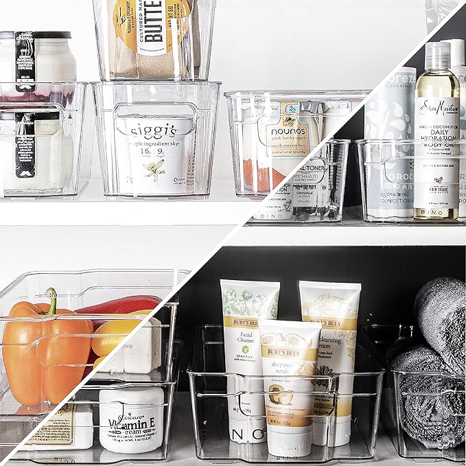 BINO | Stackable Storage Bins, Large - 4 Pack | The Stacker Collection | Clear Plastic Storage Bins | Organization and Storage Containers for Pantry & Fridge | Multi-Use Organizer Bins | BPA-Free