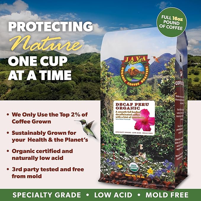 Low Acid Organic Coffee – Whole Bean, Mold-Free & Stomach Friendly by Java Planet, Peruvian Single Origin Decaf Coffee, Water Process, Medium Dark Roast, Smooth Full Flavored, 2x1LB Bag