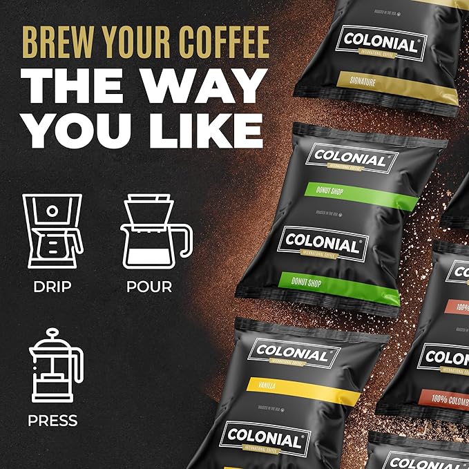 Colonial Coffee 32 Count Single Pot Coffee Packets – 100% Arabica Donut Shop Blend Medium Roast | Pre-Measured Frac Packs for 12 Cup Maker | Bulk Ground Gourmet Coffee for Home & Office