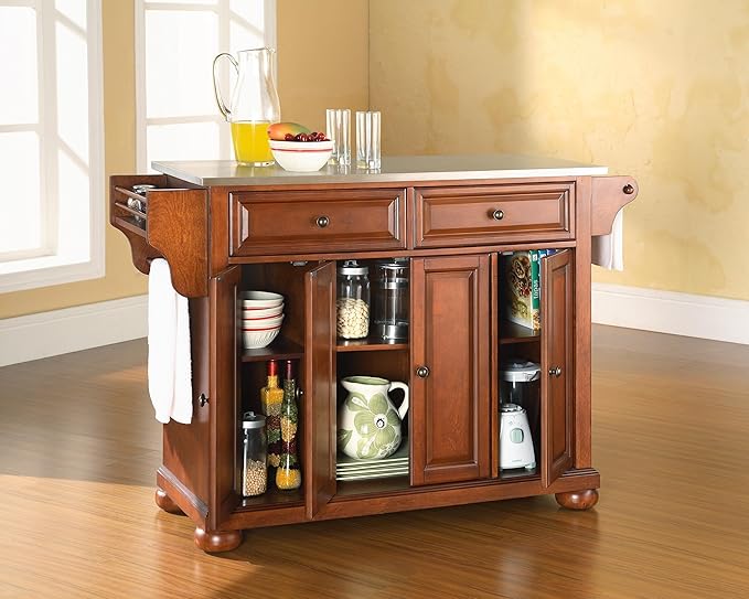 Crosley Furniture Alexandria Stainless Steel Top Rolling Kitchen Island Storage Cart, Spice Rack, Cherry