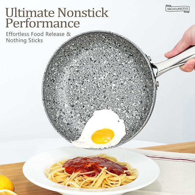 MICHELANGELO Frying Pan Set with Lid, 8" & 10" Granite Frying Pan Set with 100% APEO & PFOA-Free Stone Non Stick Coating, Granite Skillet Set with Lid, Nonstick Frying Pans 2 Piece - 8"+10"