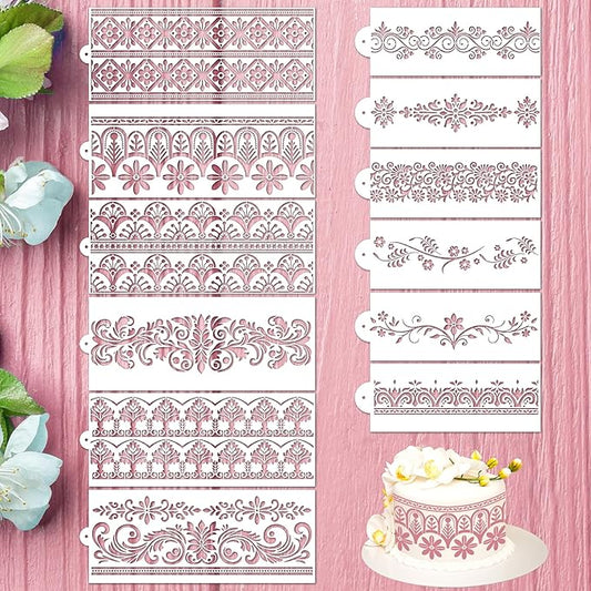 Cake Stencils Decorating for Baking - 12 Pcs Reusable Floral Border Stencils, Mexican Art Flower Lace Stencil, Buttercream Templates for Painting on Wood Crafts